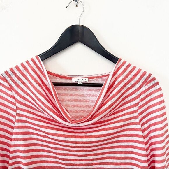 W. Lane Deep Orange White Stripe Linen 3/4 Sleeve Cowl Neck Shirt - Picture 8 of 13